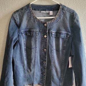 Chico's Blue Jean Jacket with Beaded Trim